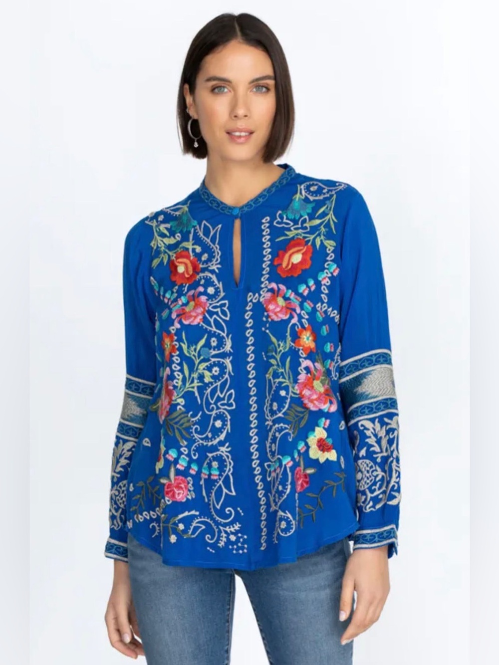 Johnny Was Top Blouse XXS Floral Embroidered Colorful Relaxed Fit Flowy Blue - Picture 2 of 12